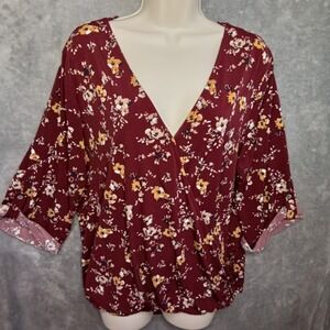 West Kei Burgundy Floral Print Wrap Style Blouse Top 2X Roll Tab‎ Sleeve
